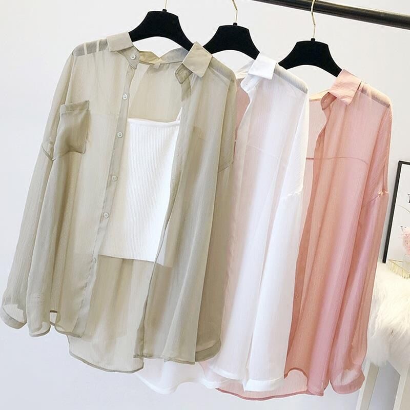 Chiffon Shirt Women's Korean Style Loose Summer New Air Conditioned Cardigan Thin Coat Long Sleeve Super Fairy Transparent Sun Protection Shirt