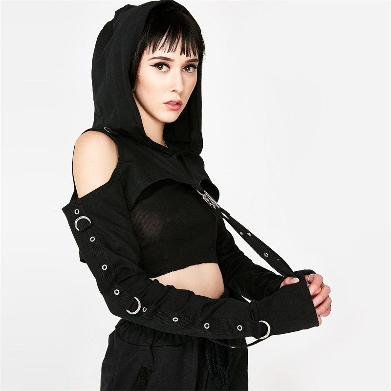 New Dark Style Punk Round Neck Long Sleeve Navel Mesh Short Hooded Sweatshirt Women's Fashion Top 8214