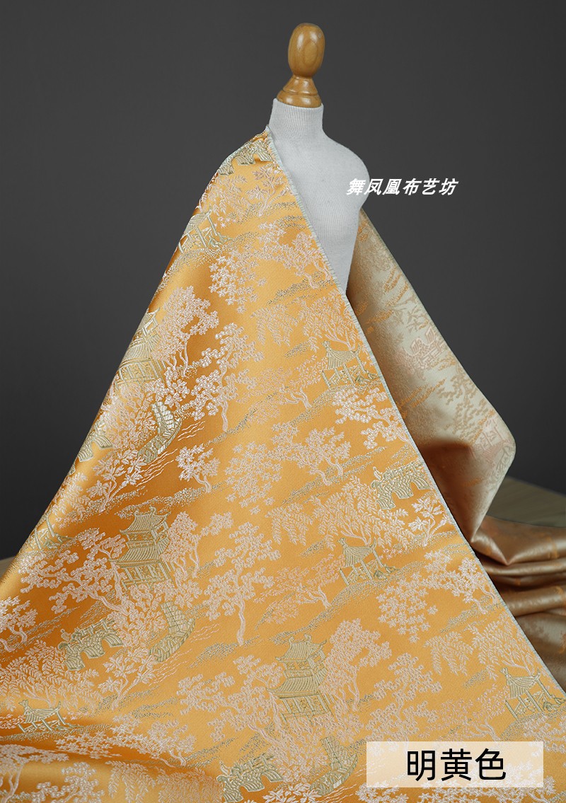 Picture of Bright Yellow Qingming Riverside Scene Brocade Fabric, New Chinese Jacquard Song Brocade Silk Jacket Vest Fabric