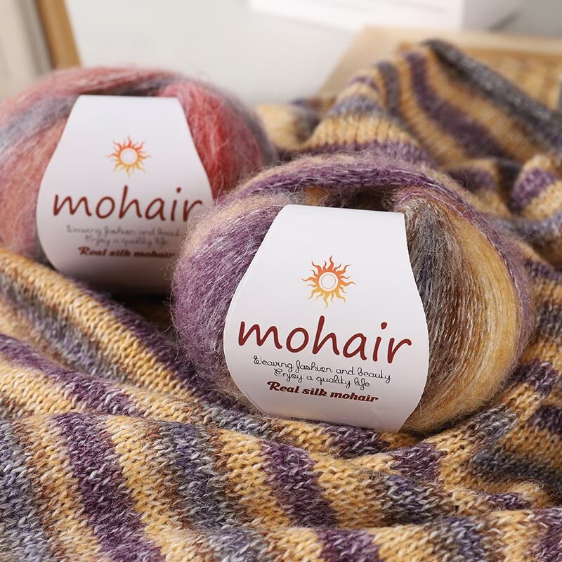 Cross-border gradient silk cloud group segment dyed mahairy rainbow wool hand woven diy sweater scarf shawl