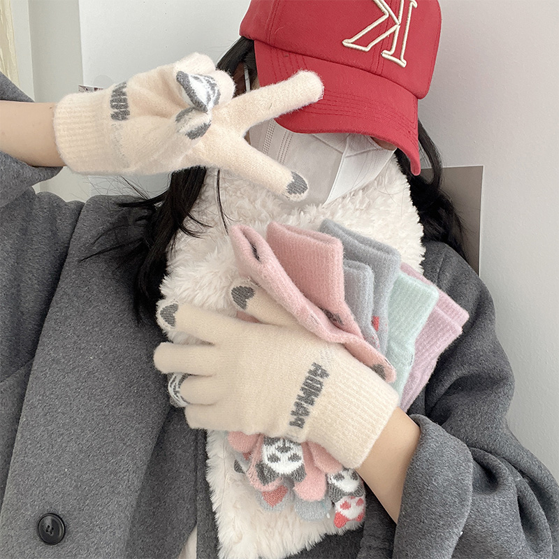 Autumn and winter women's cute riding warm thickened cold-proof student knitted wool touch screen cotton gloves five fingers