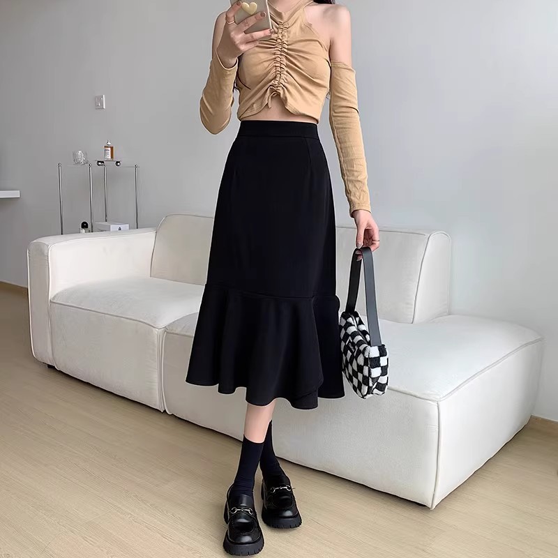Black New High Waist Slimming Pear-shaped plus size A- line Skirt Spring and Autumn Mid-length Women's Suit Fishtail Skirt Figure