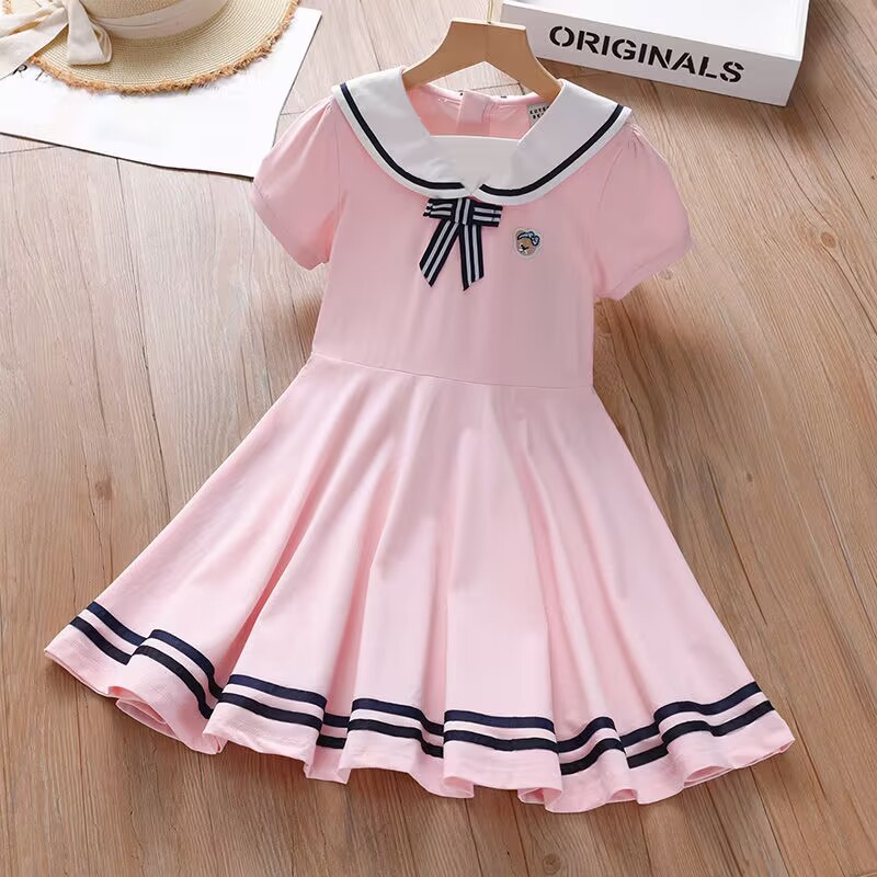 Girls Short Sleeve Dress Summer New College Style Lapel Children's Wear Girl Stylish Children's Fashion Skirt