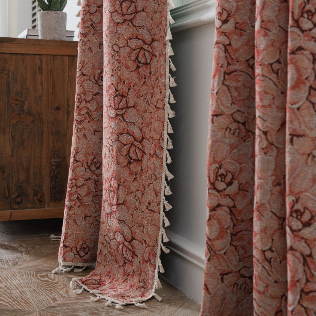 Picture of Yuman Qiyun Curtain Pink Fleshy Flower Jacquard Tassel Curtain Finished Kitchen Curtain Bay Window Semi-Shaded