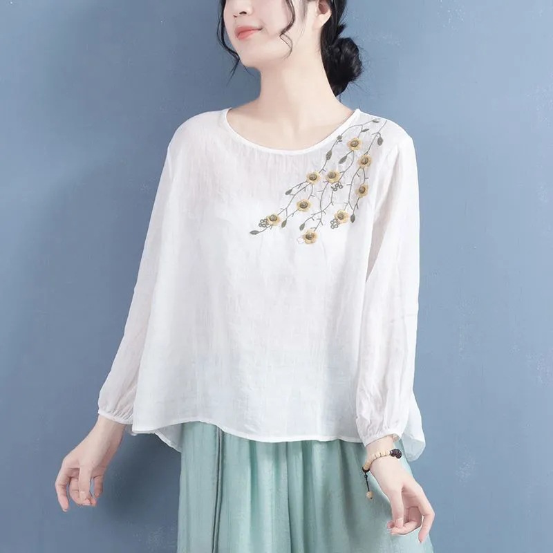 Picture of Chinese Style Shirt Women's 2023 New Spring Cotton and Linen Artistic Retro Embroidered Top Design Long Sleeve Thin Shirt