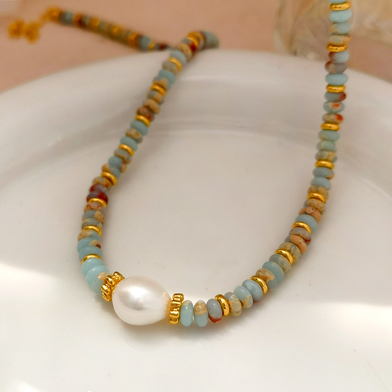 Picture of Natural Stone Colorful Beaded Hand Necklace Fashion Baroque Cultured Pearl Bracelet Light Luxury Niche Lockbone Chain 1695