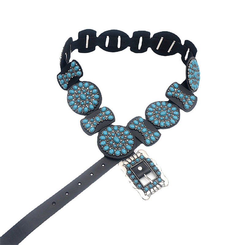 Cross-border western belt turquoise metal and PU retro belt niche personality waist chain accessories European and American style necklace