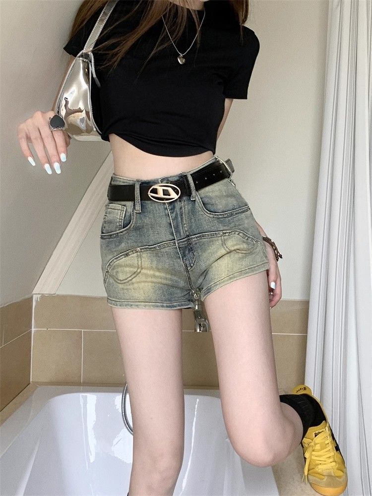 Summer Slimming Retro Personalized Hong Kong Style High Waist Denim A- Line Skirt Anti-glare Hot Girl Sexy Hip Culottes