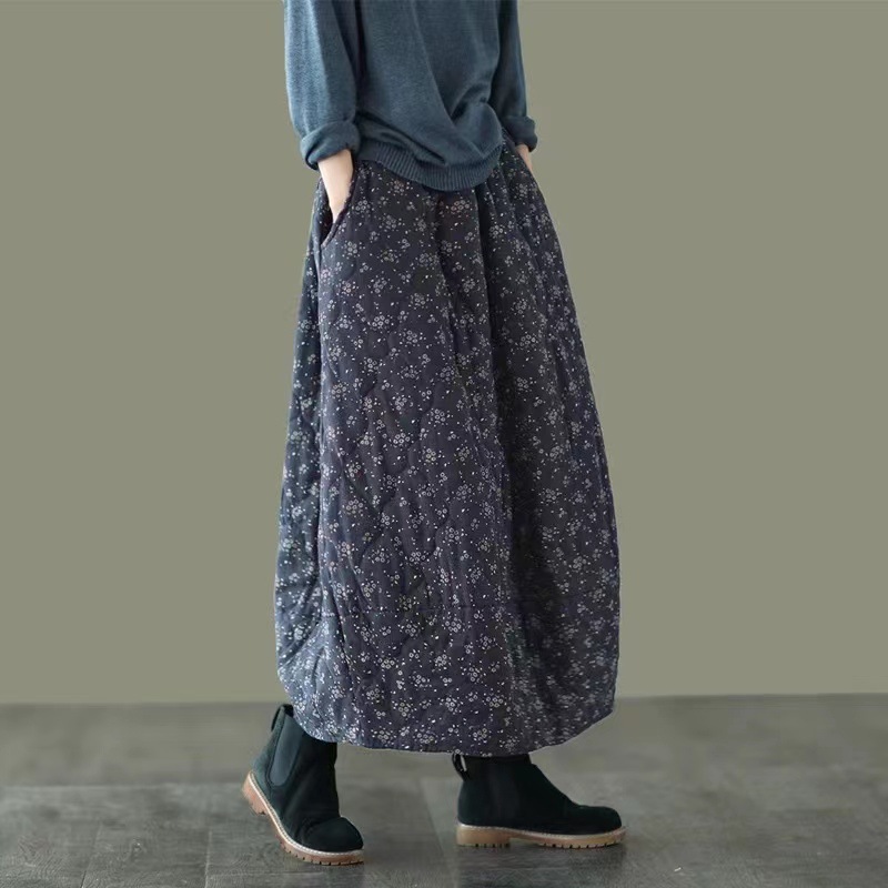 2023 autumn and winter new vintage artistic small floral cotton linen cotton elastic waist padded warm long cotton skirt