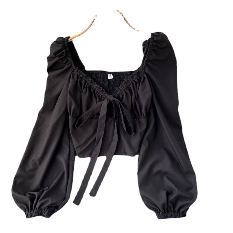Cross-Border crop top pleated V-neck hollowed-out slim-fit short top new women's bubble sleeve shirt for women