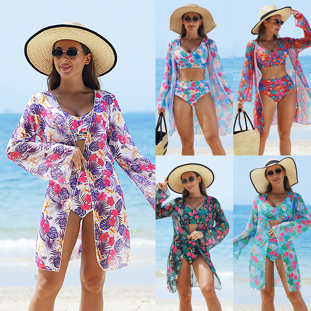 Cross-border Foreign Trade Fashion Sexy Beach European and American Multicolor Printed Three-piece Swimsuit Bikini BIKINI Women's Swimsuit