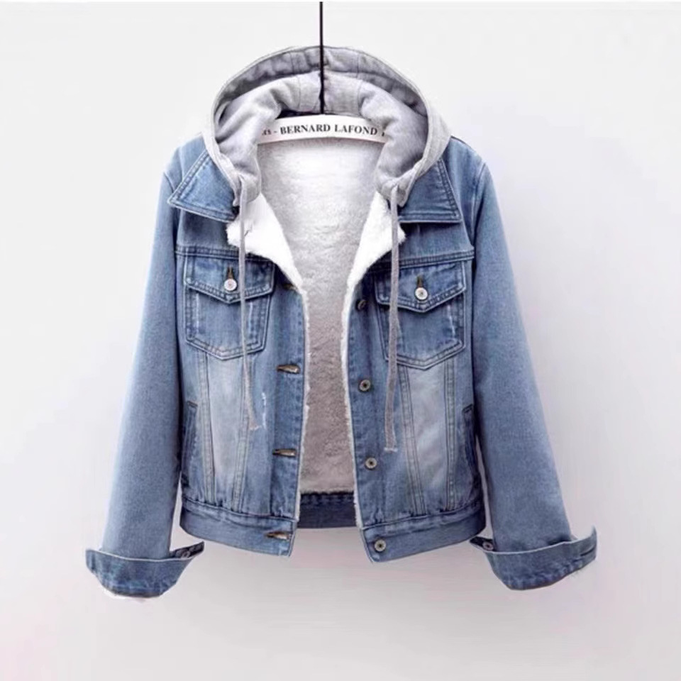 Denim Cotton Jacket for Women, Fleece-Lined and Thickened, Korean Style Hooded Short Warm Jacket for Autumn and Winter 2025, Slimming