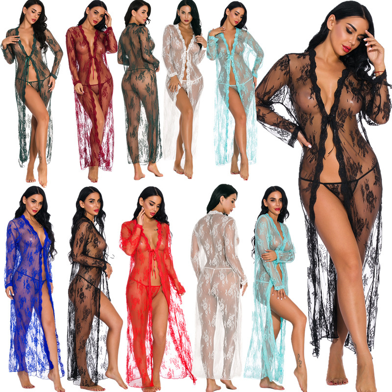 European and American sexy lingerie nightgown women's lace underwear cardigan long nightgown perspective pajamas Robe with thong