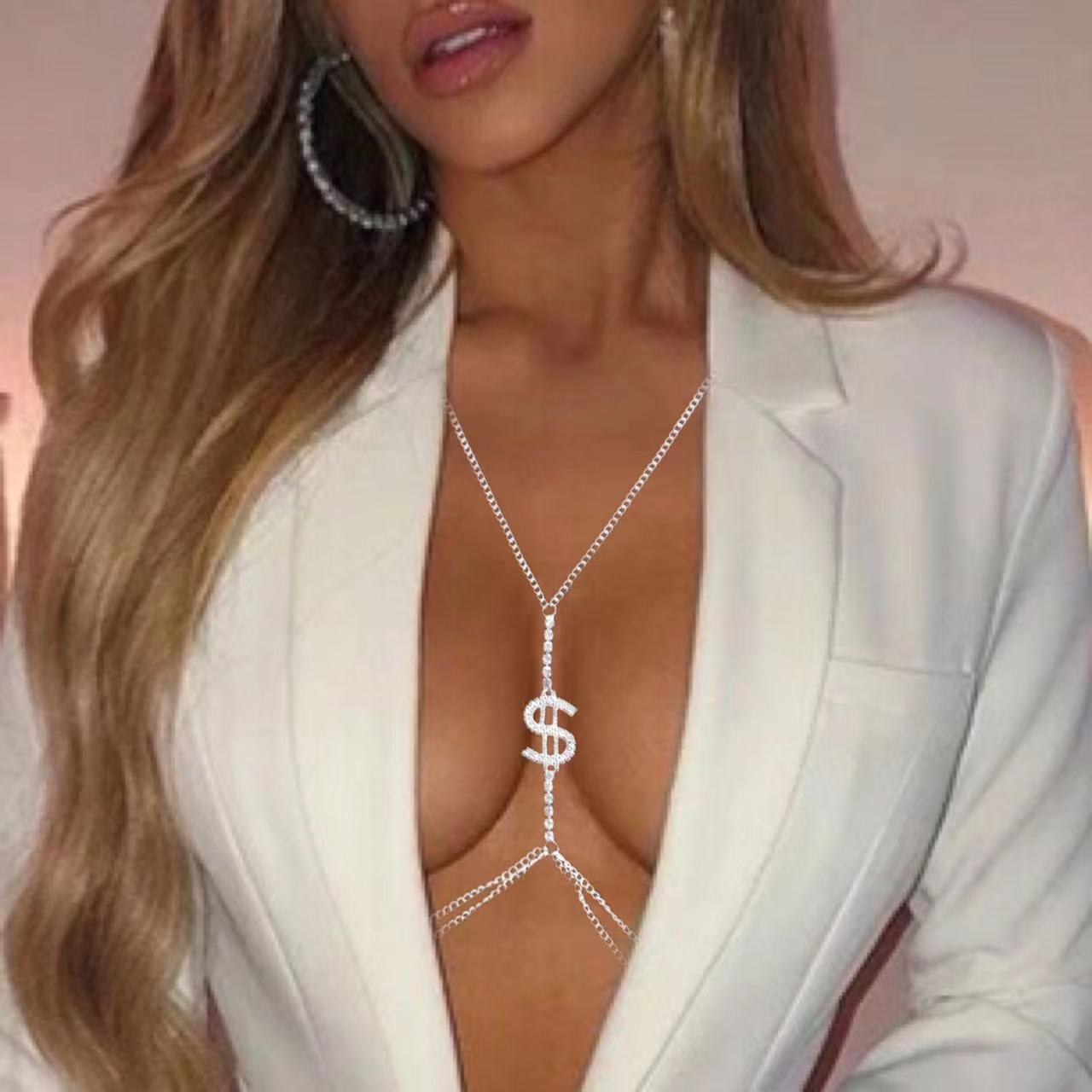 European and American cross-border fashion trend Super Flash rhinestone dollar chest chain nightclub sexy body chain female body chain