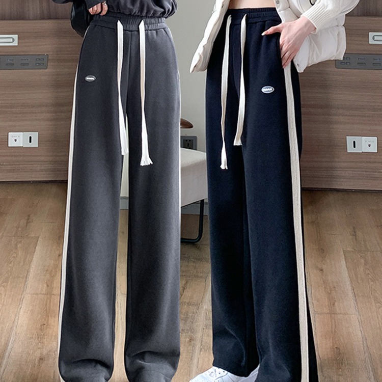 Junior high school student casual sports pants women 2023 autumn and winter New High waist fleece-lined wide leg pants small straight sweatpants