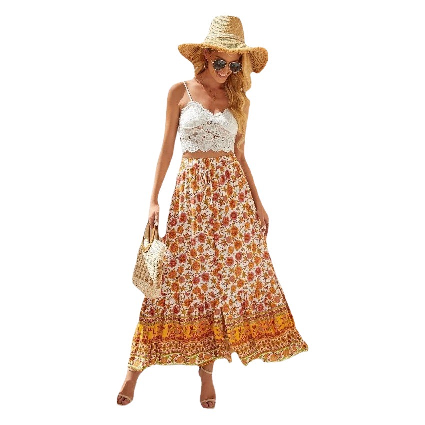 Summer New Cross-Border Women's Skirt Amazon Independent Station Women's High Waist Printed Buttoned Slit Skirt