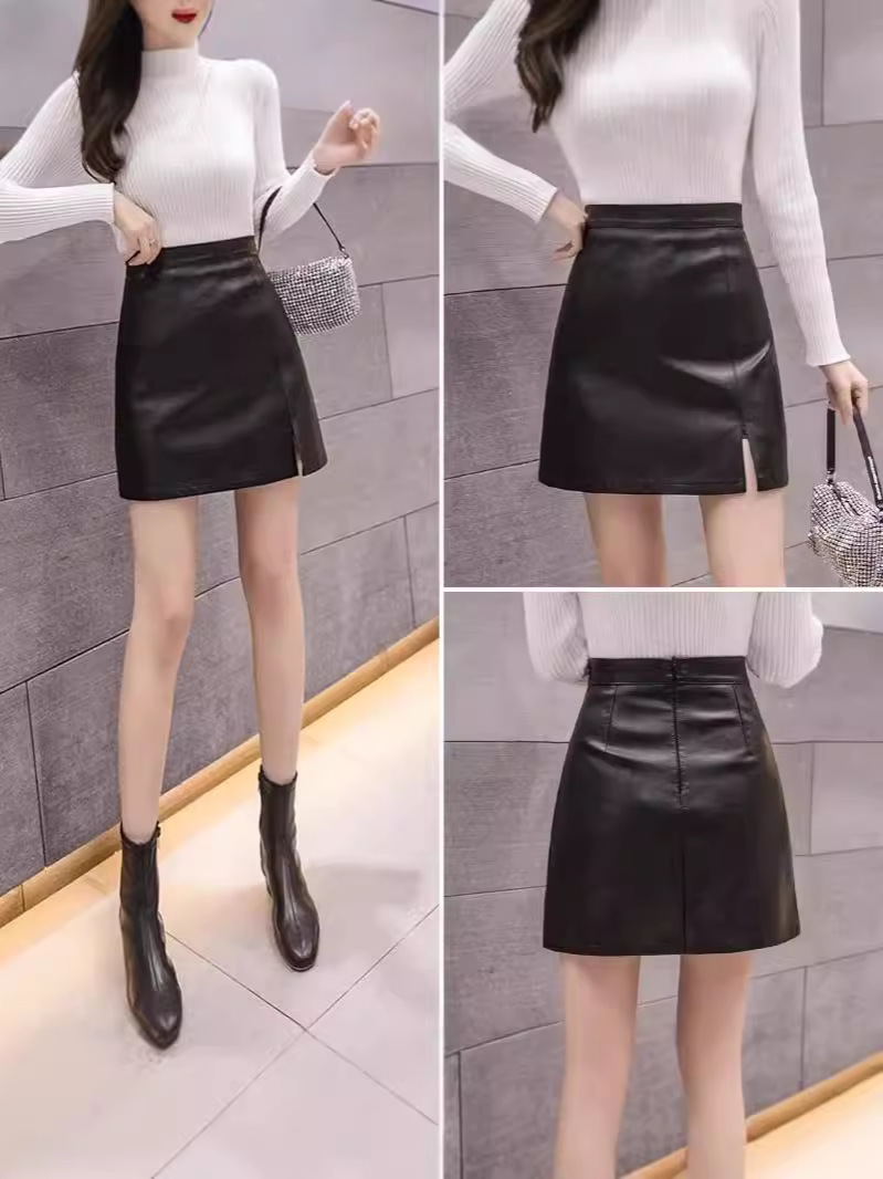 Small Leather Skirt Women's Autumn and Winter Small Skirt High Waist Hip Covering Hip Slimming A- line Sheath Split Black Skirt