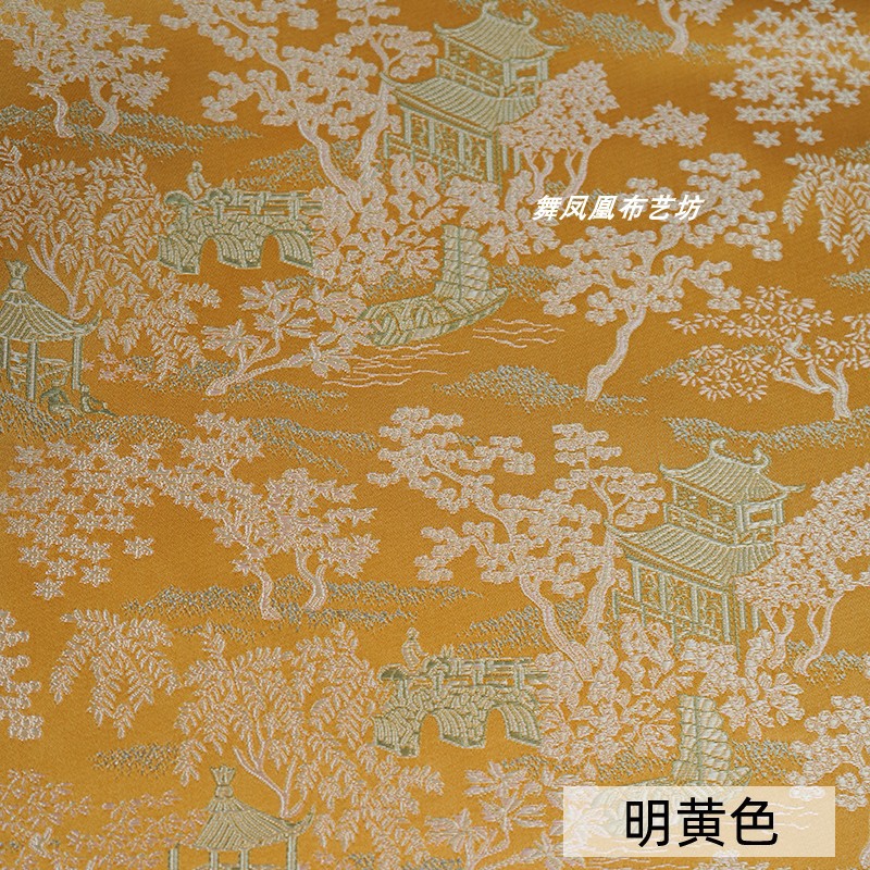 Picture of Bright Yellow Qingming Riverside Scene Brocade Fabric, New Chinese Jacquard Song Brocade Silk Jacket Vest Fabric