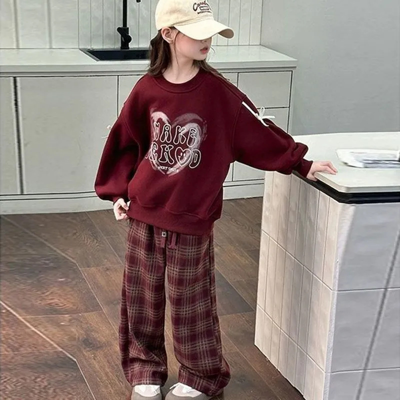 Girls' 2024 Spring and Autumn New Middle and Large Children's Wear Casual Fashion Stylish Pullover Top Sweatshirt fleece-lined Senior high school