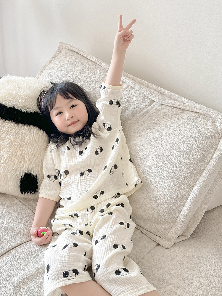 Picture of 2025 Children's Air Conditioning Home Clothes Cartoon Double-Layer Cotton Yarn Pajamas for Boys and Girls Pure Cotton Summer Thin Sleeve suit