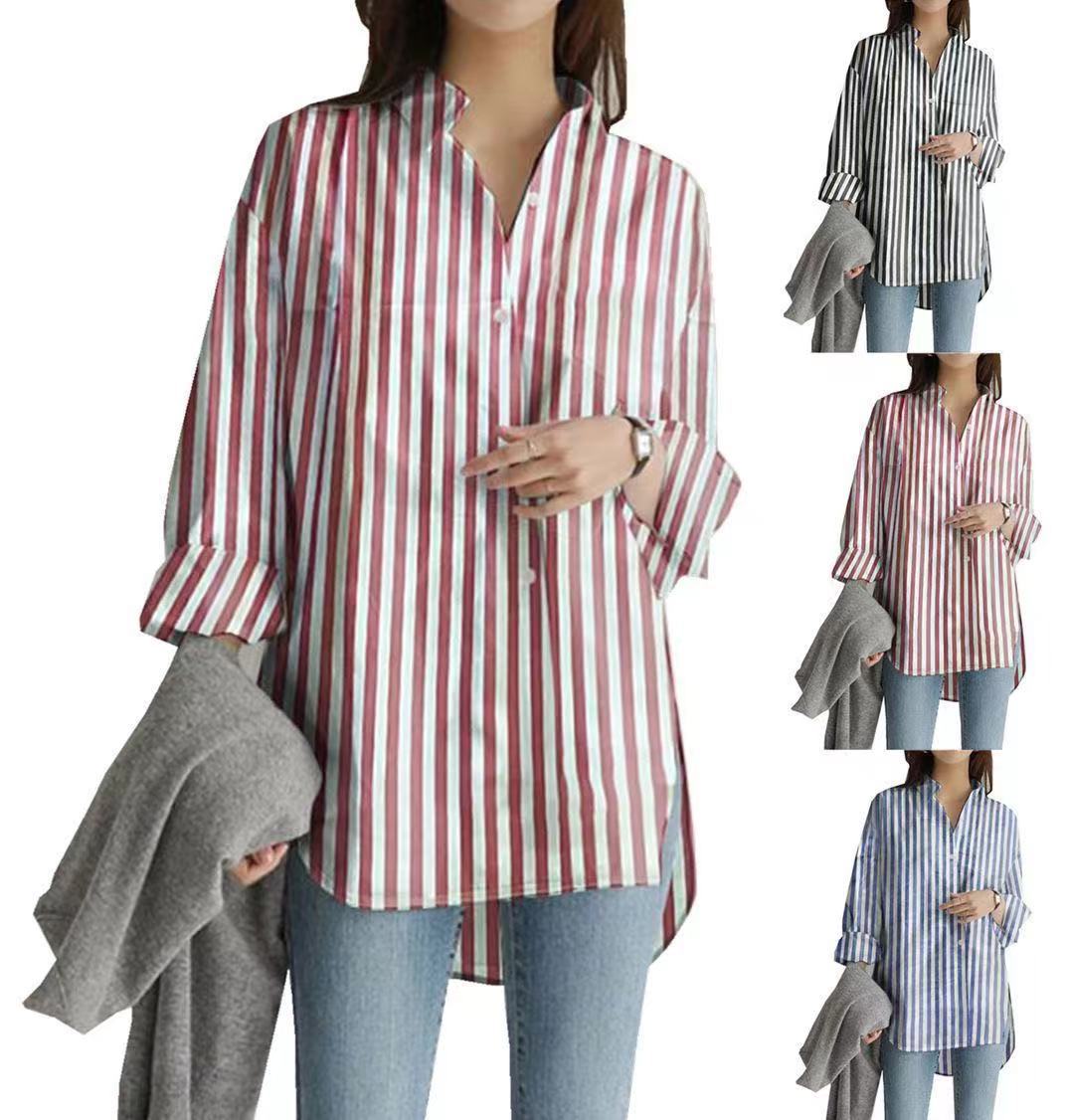 2021 Amazon cross-border AliExpress eaby autumn and winter vertical stripes long sleeve modern style ladies shirt