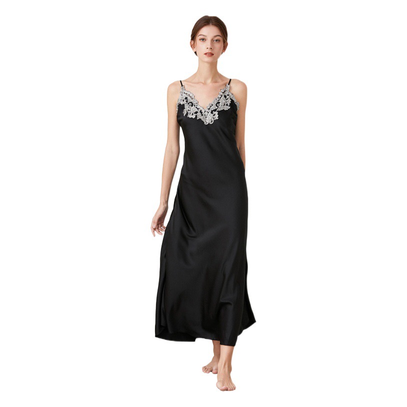 Simulated Silk Pajamas for Women, Lace Sexy V-Neck Long Suspender Nightgown, Pajamas, Home Clothes, Drop Shipping