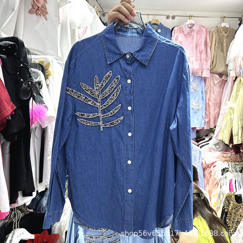 Picture of European Design Diamond-Encrusted Long-Sleeved Denim Shirt for Women Spring & Fall New Loose Fashion Retro American Top Korean Version