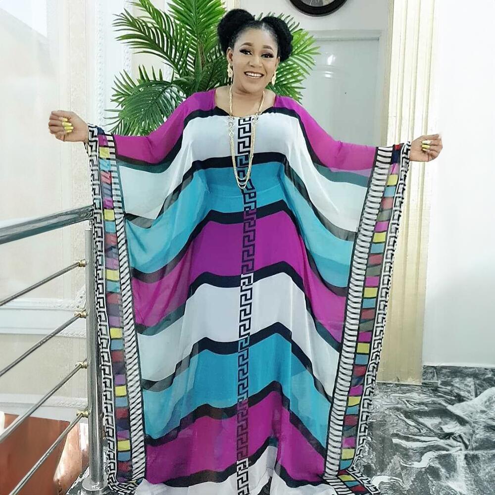 African women's robe large size dress cross-border large size dress Pearl chiffon digital printing + long inner skirt