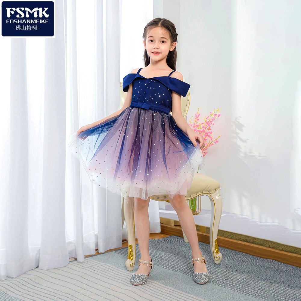 Picture of European and American New Summer Girls' Dress Starry Sky Sequined Tutu Skirt One-Shoulder Off-Shoulder Children's Dress Princess Dress