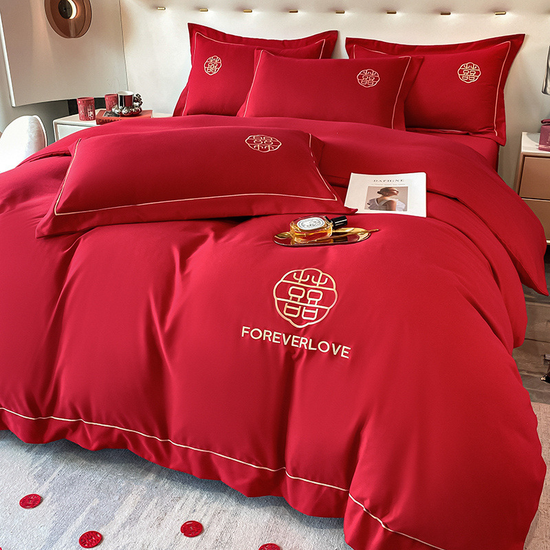 Wedding washed cotton festive four-piece set Chinese bright red bed sheet high-end embroidered quilt cover wedding room bedding