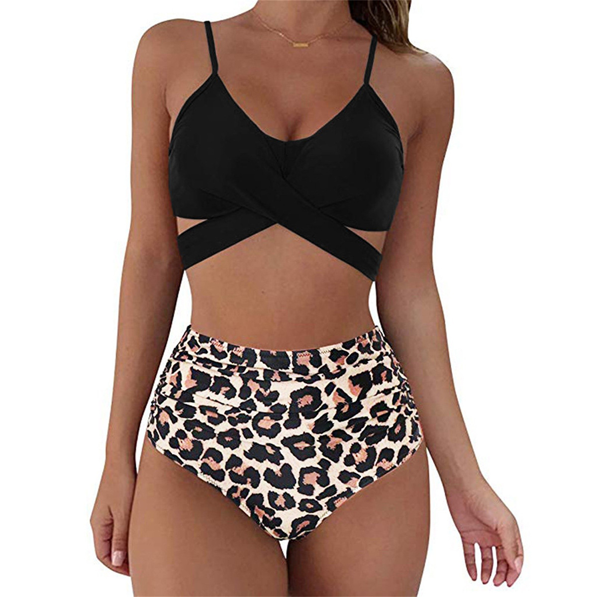 2021 European and American New High Waist Split Swimsuit Women's Cross-border Sexy High Waist Cross Leopard Print Women's bikini bikini