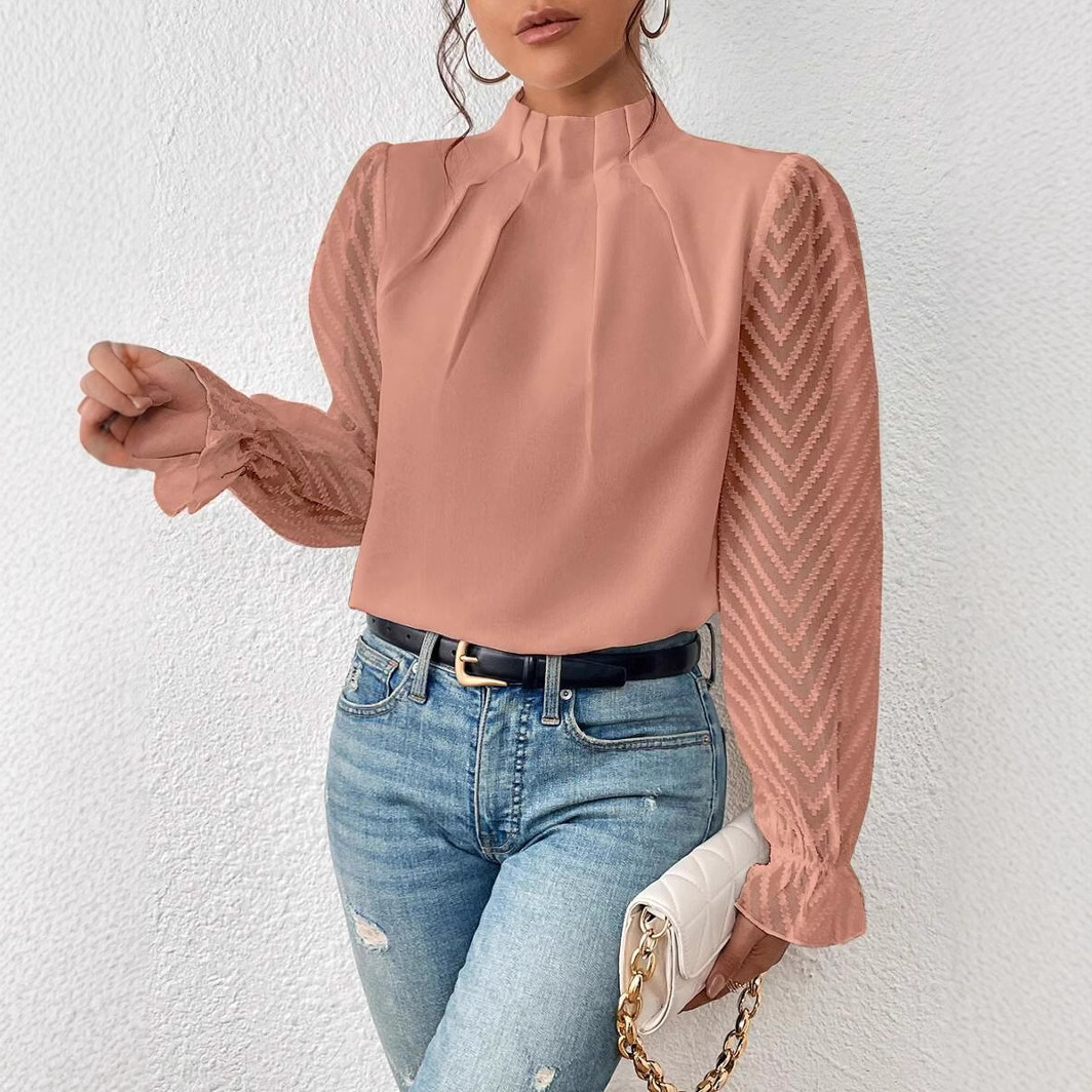 Picture of 2024 Europe and the United States Amazon cross-border women's autumn and winter new half-high collar stitching wave chiffon long sleeve top