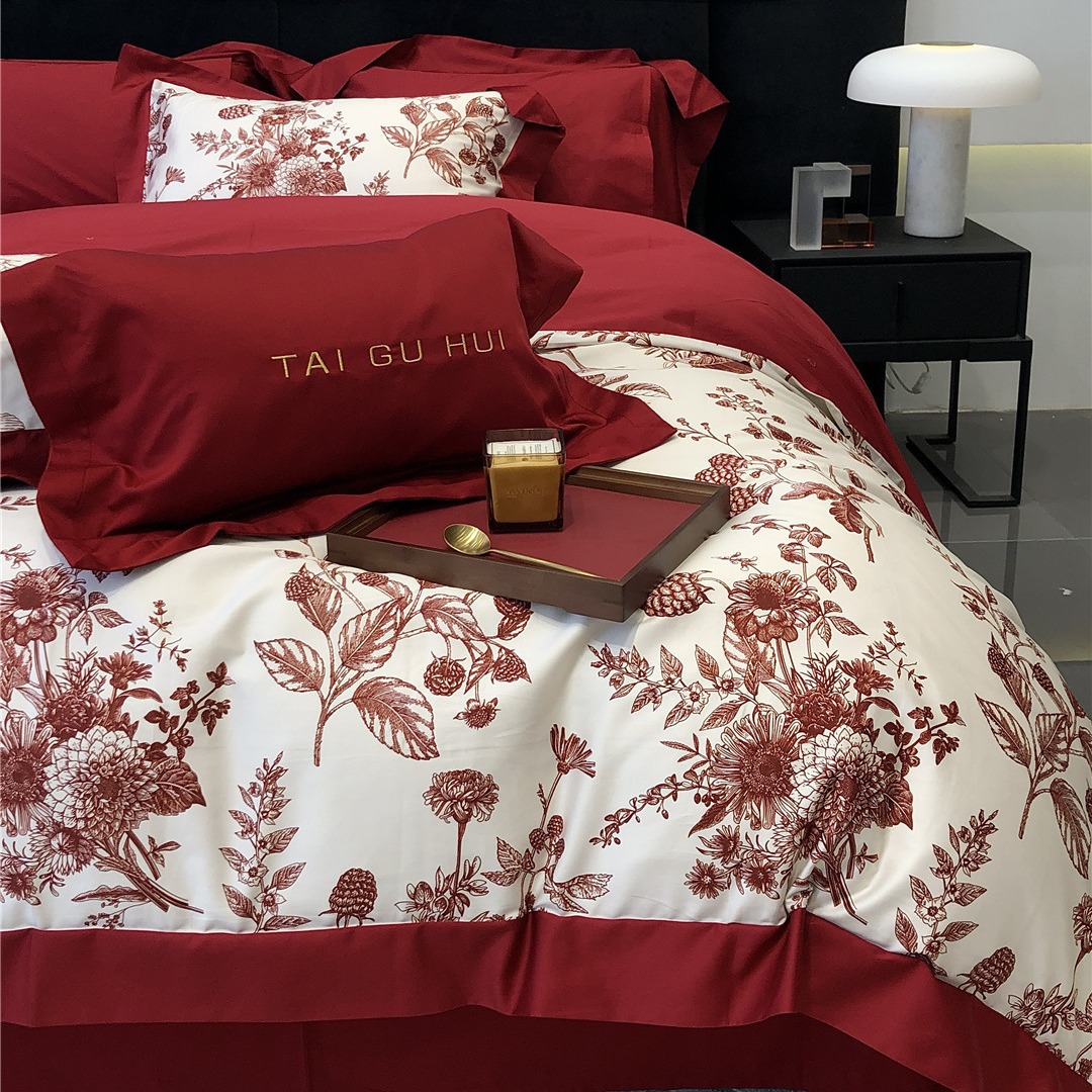 Picture of French flower wedding red cotton long-staple cotton four-piece set high-end dowry housewarming festive bedding home textile