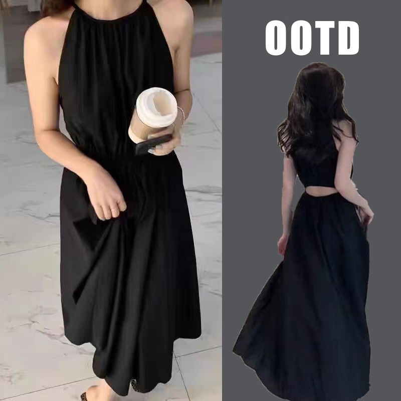 Black Waist-Revealing Holiday Style Dress 2024 New Design Waist Slimming Look Sleeveless Halterneck Long Dress for Women Summer