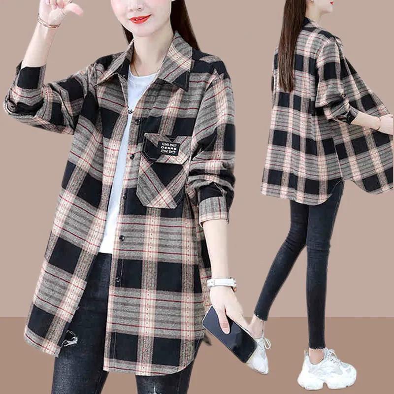2023 Spring and Autumn New Loose Slimming Mid-length Plaid Shirt Women's Western Style Age-reducing Coat Autumn All-match Top