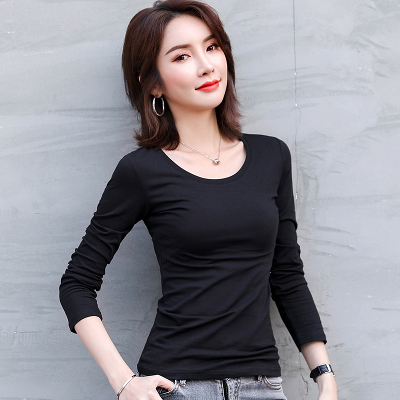 Picture of Spring and Autum Round Neck Pure Color Long-Sleeved T-Shirt Girls Elastic Large Size New Slim Fit Versatile Top Thin Bottoming Shirt