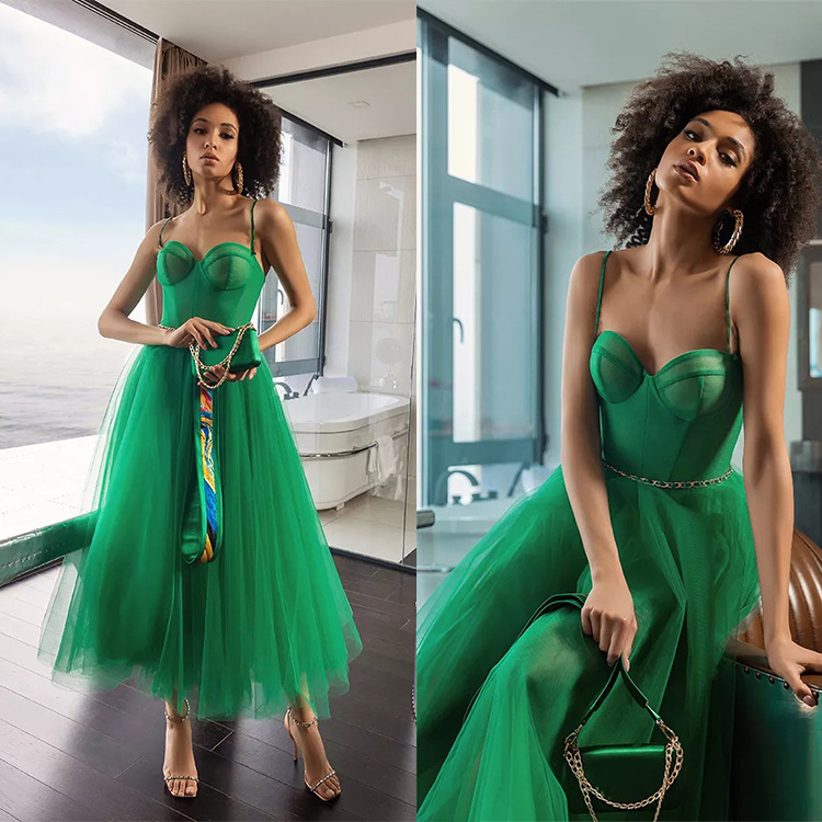 Modern fashion European and American dress women's mesh strap tube top waist-tight green dress cross-border popular hot sale