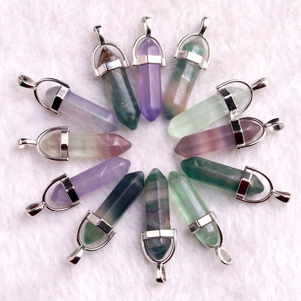 Picture of Natural Stone Hexagonal Pendant European and American Natural Crystal Hexagonal Prism Bullet Hexahedral Black Wax Rope Necklace