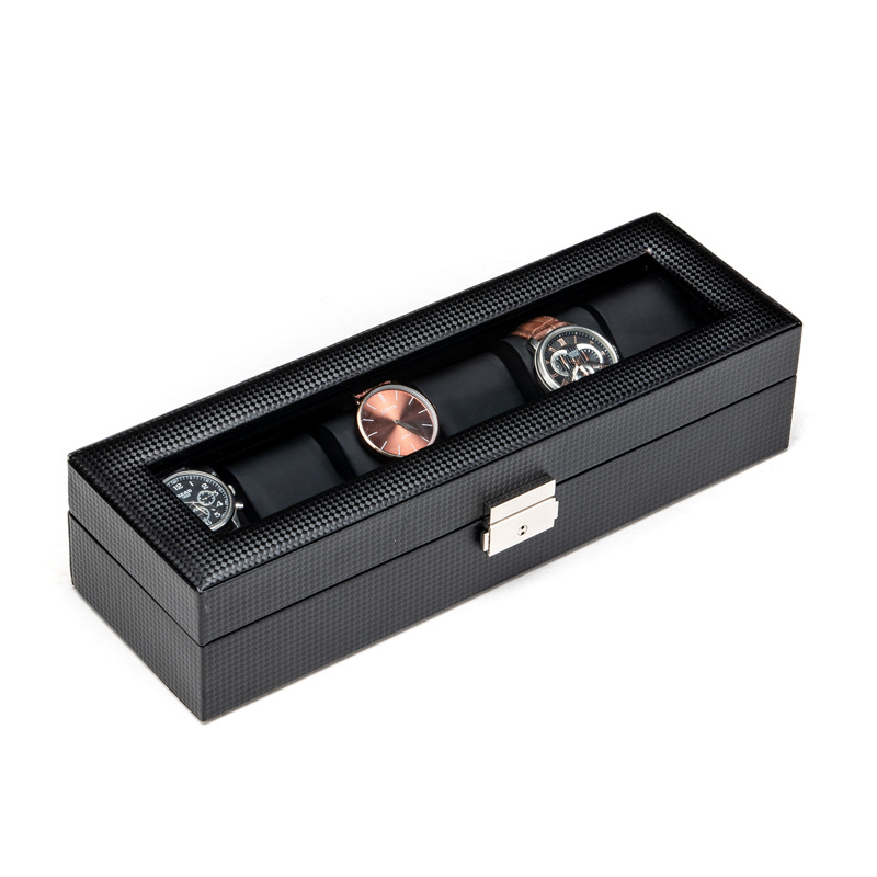Picture of Carbon Fiber Pattern Leather Watch Box Glass Skylight Wrist Watch Mechanical Watch Bracelet Jewelry with Lock Storage Display Box