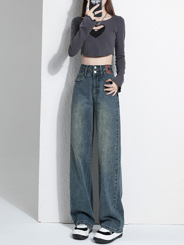 Retro Trendy High-Waisted Wide-Leg Jeans for Women 2025 New Style Small Loose Retro Straight Jeans