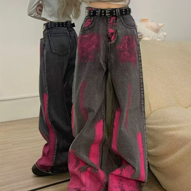 American-style vibe vintage pink graffiti high-grade gray jeans women's high street loose straight wide leg floor-length pants fashion brand