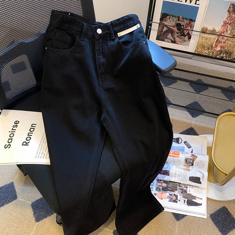 Picture of Design Sense Leather Label High Waist Petite Jeans Women's Autumn and Winter Loose Wide Leg All-match Casual Straight Pants