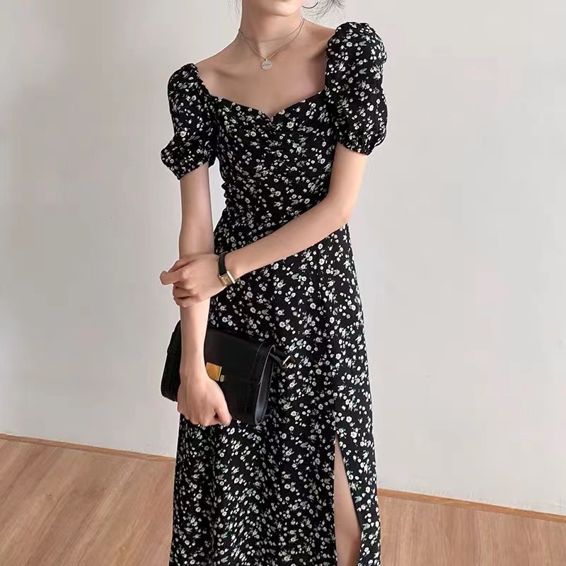 French First Love Sweet Tea Break Square Collar Bubble Sleeve Fresh Style Floral Dress Black Elegant Long Dress for Children Summer