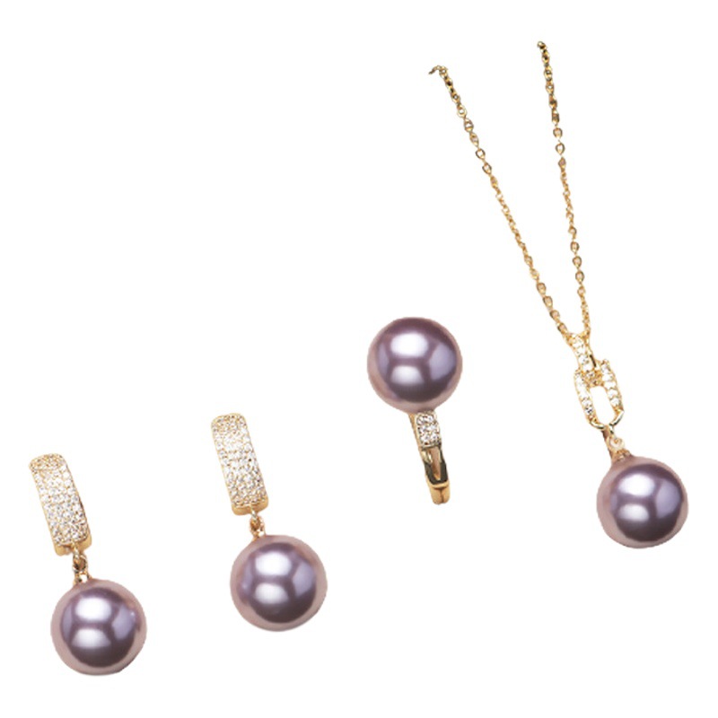 Shell Pearl Set Jewelry Three-piece Set Women's Fashion Elegant Round Imitation Shell Bead Necklace Pendant Ring Earrings Batch