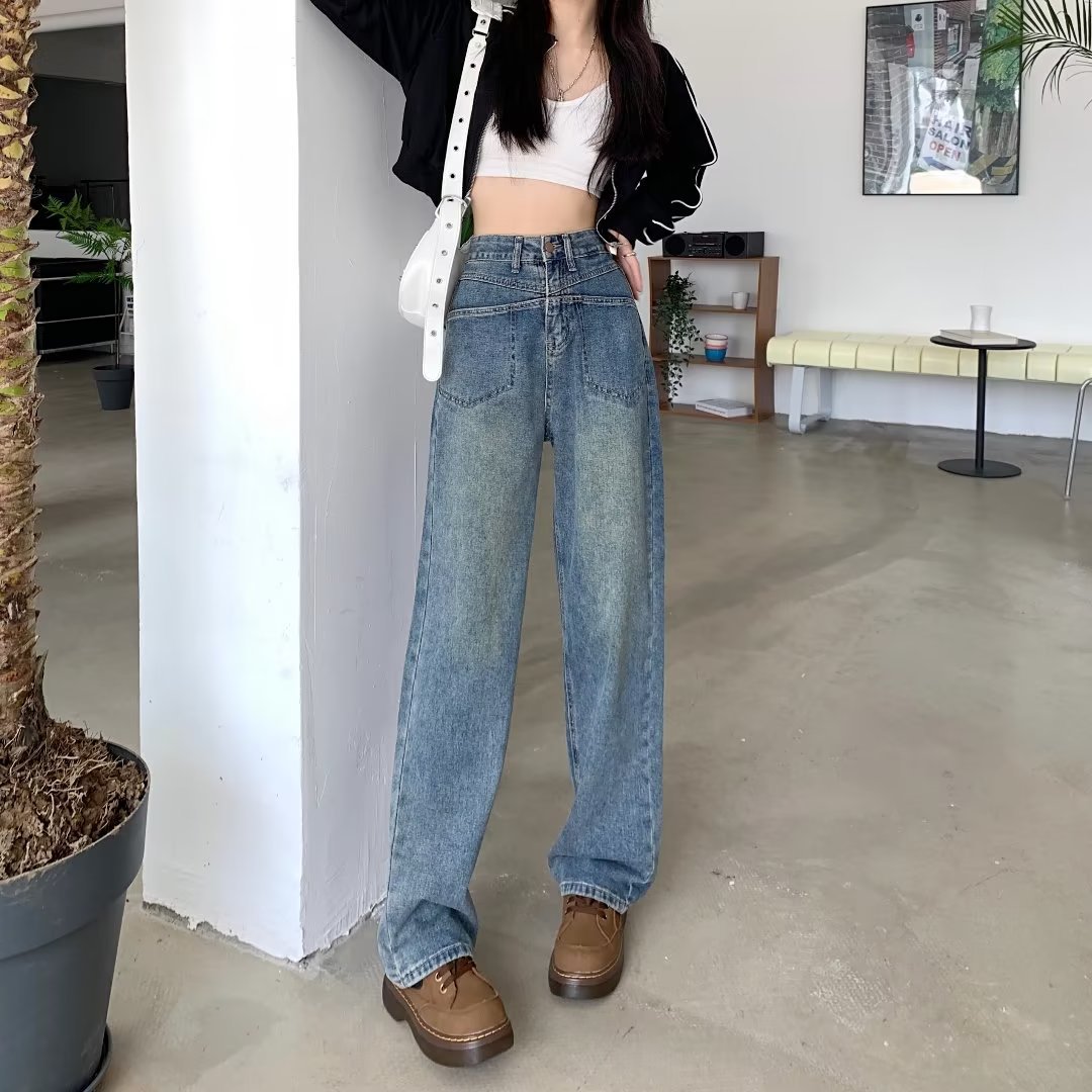 Picture of Blue Narrow Wide Leg Jeans Women's Spring and Autumn New High Waist Loose Dipping Hong Kong Style Straight Trendy Pants