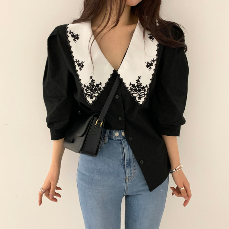 Korean Retro Design Lapel Heavy Embroider Contrasting Color Single-breasted Loose Versatile Puff Sleeve Shirt for Women