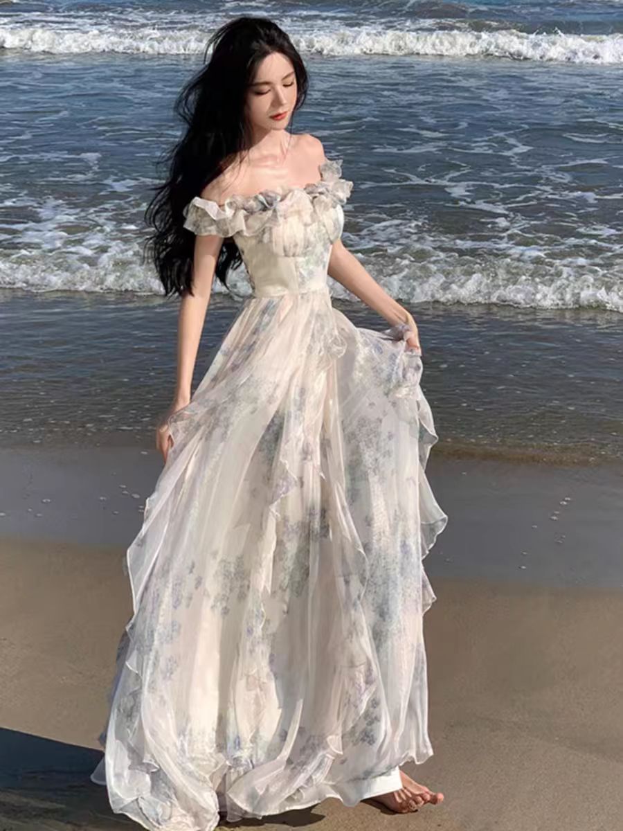French Ruffled Beach Seaside Resort Style Suspender Skirt Gauze Dress Atmospheric and Elegant Fairy Style Dress