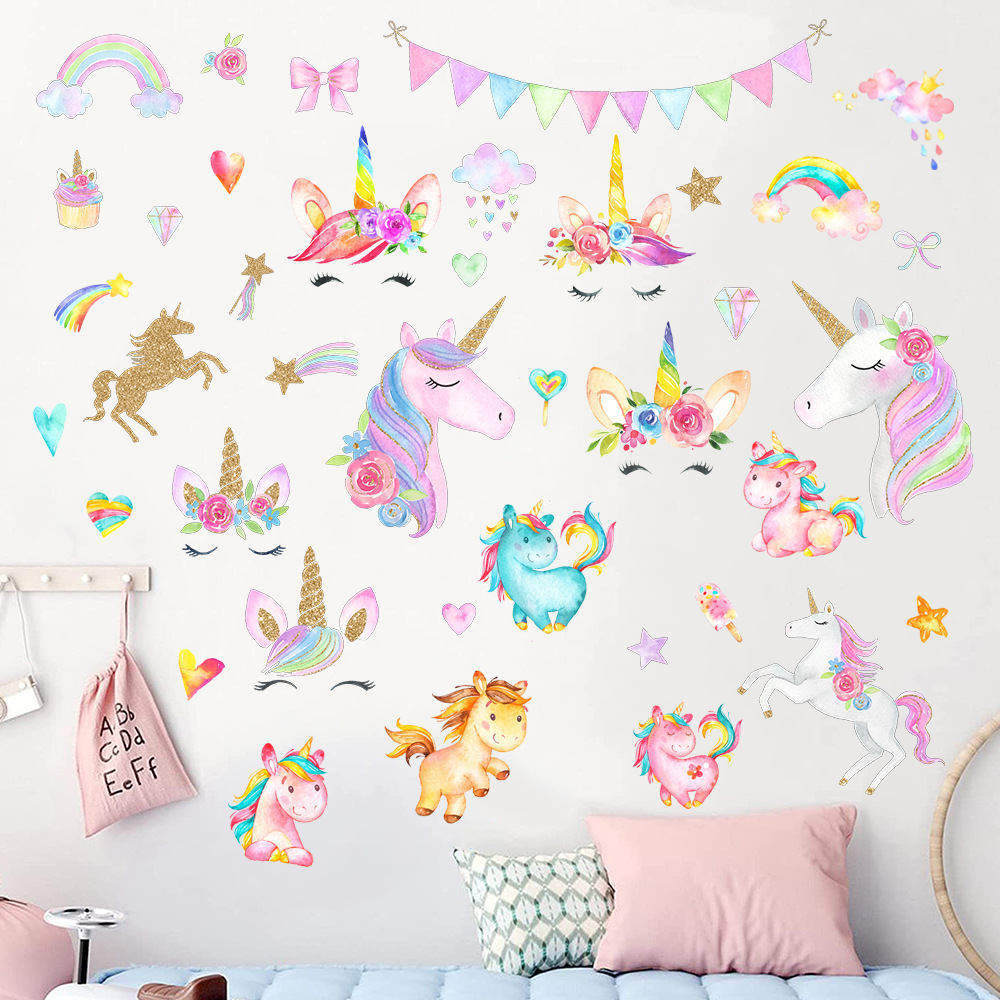 Cross-border New Rainbow Unicorn Stars Cartoon Wall Stickers Living Room Bedroom Children's Room Decorative Mural KSD8883
