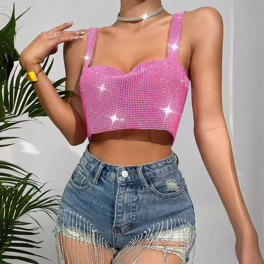 Europe and the United States cross-border jewelry flash Diamond short version sleeveless waist shoulder tube top camisole rhinestone top women's 20178