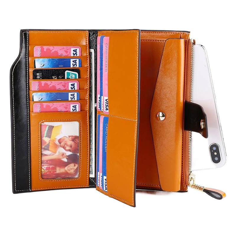 Cross-Border Genuine Leather Long Women's Wallet Rfid Anti-Theft Multi-Card Slot Wallet Retro Oil Wax Leather Girls' Clutch Bag